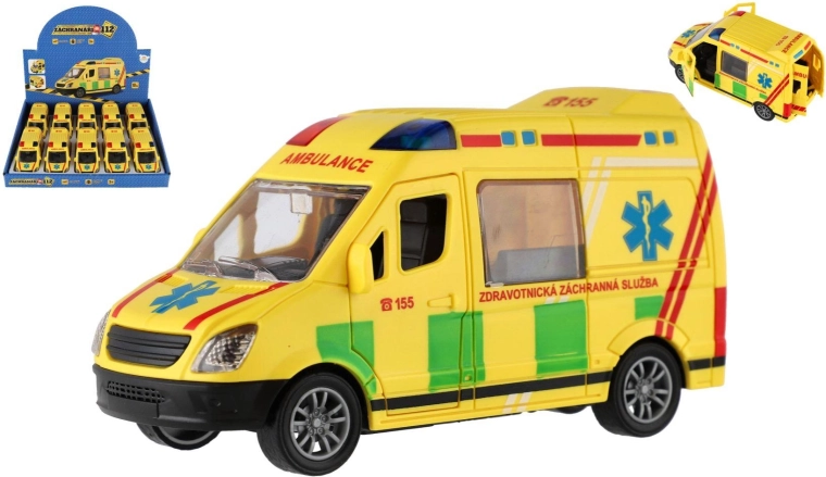 Kunststof ambulance met terugtrekmotor 12 cm – set van 10 stuks in box