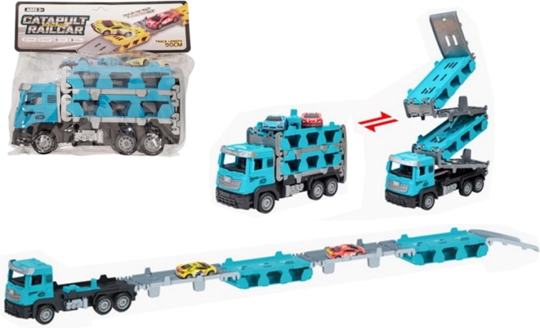 Autotransporter met uitklapbare racebaan – set met vrachtwagen en 2 autootjes