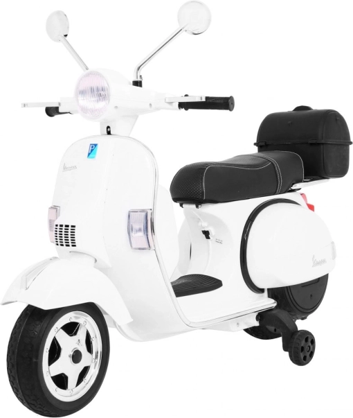 Elektrische kinderscooter Vespa wit met zijwieltjes, audio en eco-leer