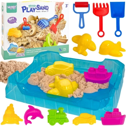 Woopie kinetisch zand 0,5 kg – set met dienblad en vormpjes