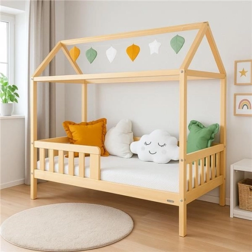 Kinderbed huisje met valbeveiliging en lattenbodem New Baby Castello 160 × 80 cm naturel