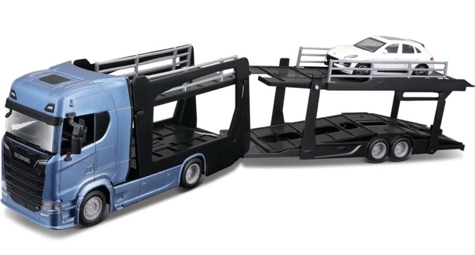 Bburago Street Fire vrachtwagen Scania 770S met oplegger en Porsche Macan 1:43