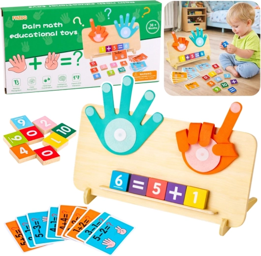 Houten wiskundepuzzel met vingerrekenen, kaarten en cijfers