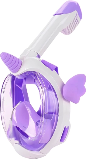Volledig gezichtsmasker voor kinderen om te snorkelen met eenhoornmotief, paars