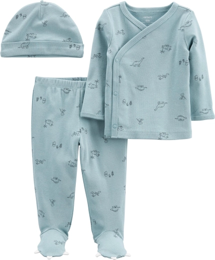 Carter’s 3-delige babyset Blue Dino – overslagshirt met lange mouw, broek met voetjes en muts