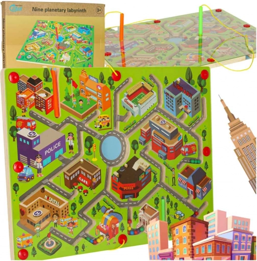 Houten magnetisch spel Doolhof Grote Stad voor twee spelers
