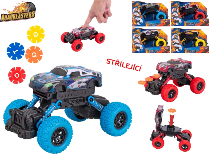 Roadblasters auto met grote wielen – metalen model 17 cm met vliegwiel en schijfshooting