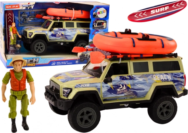 Terreinwagen met surfer, ponton en accessoires