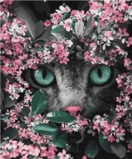 Diamantschilderen – kitten in bloemen 30 × 40 cm