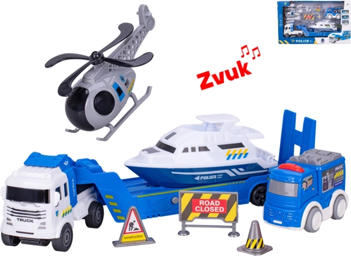 Vrachtwagen met politievoertuigen met vliegwiel en geluidseffecten 30 cm