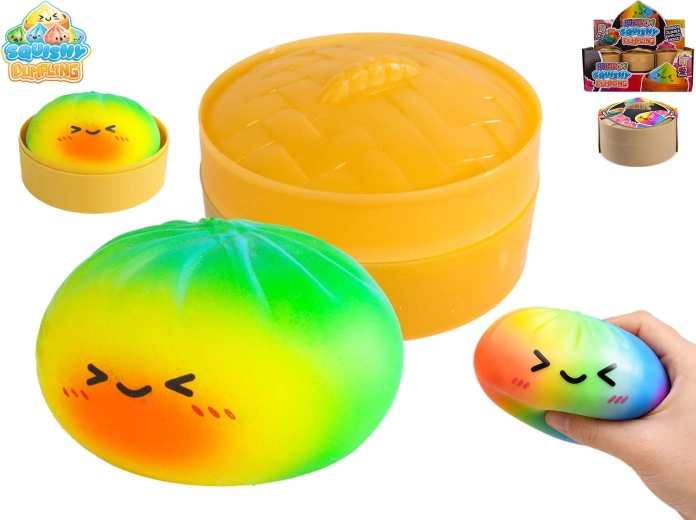 Squishy Dumpling regenboog antistress knoedeltje in mandje 8,5 cm (12 stuks)