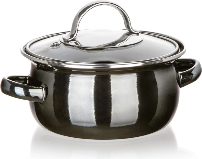 Geëmailleerde pan met glazen deksel 14 cm, 0,7 l, Metallic Black
