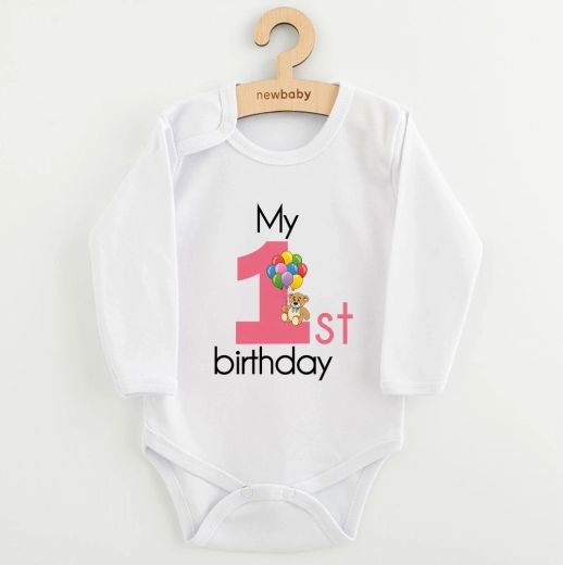 Babybody met print New Baby My First Birthday roze, maat 86 (12–18 maanden)
