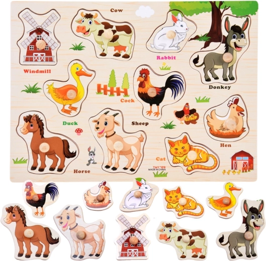 Houten boerderijpuzzel met handgrepen en Engelse woordjes – 10 stukjes