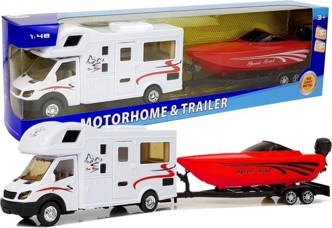 Speelgoedcaravan met rode boot en vliegwiel 1:48