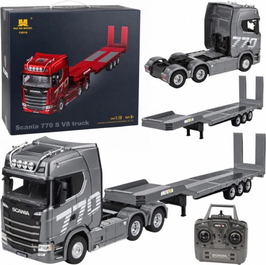 Op afstand bestuurbare Scania 770S-vrachtwagen met Huina-aanhanger in schaal 1:18
