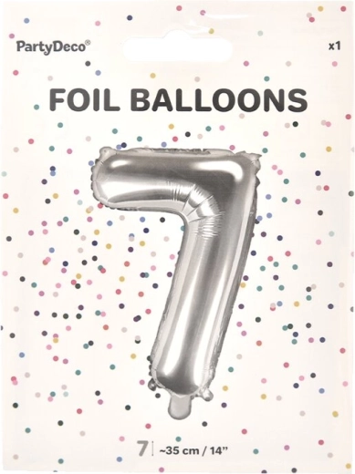 Zilveren folieballon cijfer 7, 35 cm