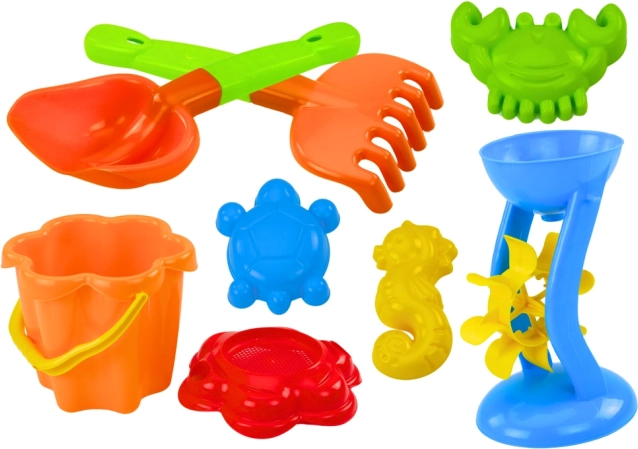Kleurrijke set zandbak speelgoed met molen en vormpjes
