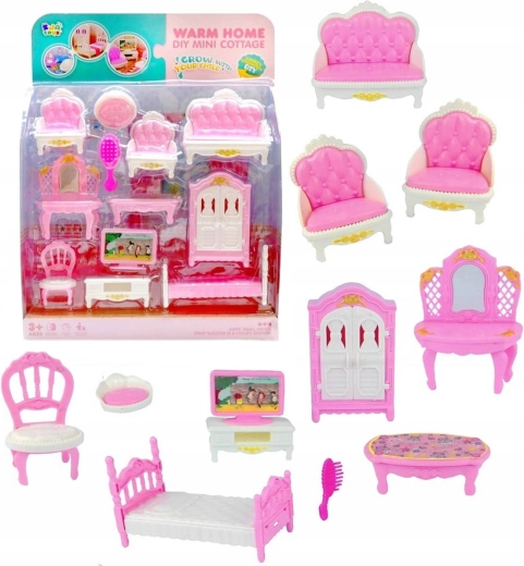 Roze-wit poppenhuismeubilair - set 12 stuks