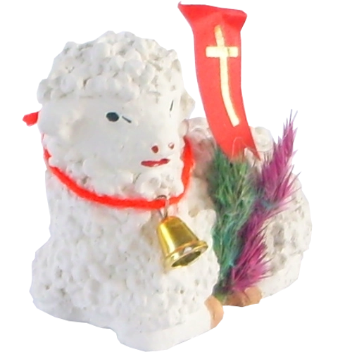 Paaslam liggend van gips, handgeschilderd