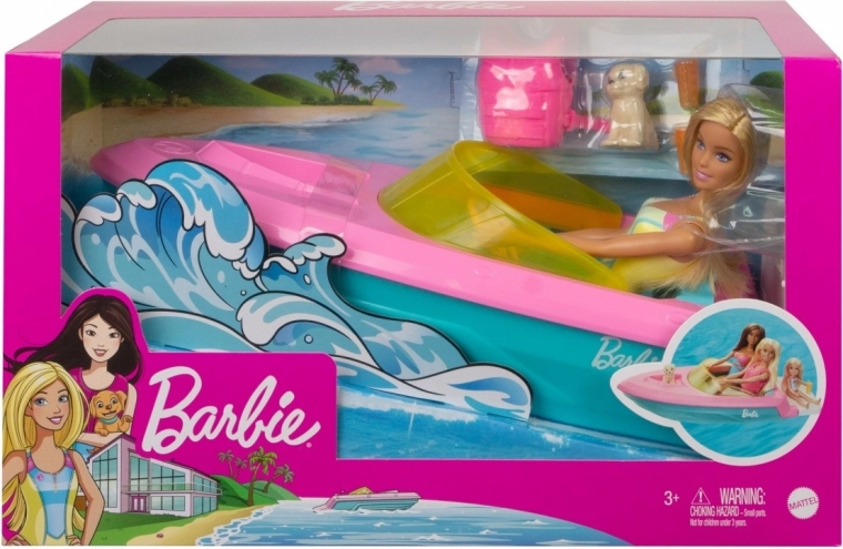 Barbie motorboot met pop en puppy