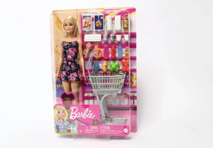 Barbie-pop om te winkelen met winkelwagen en accessoires