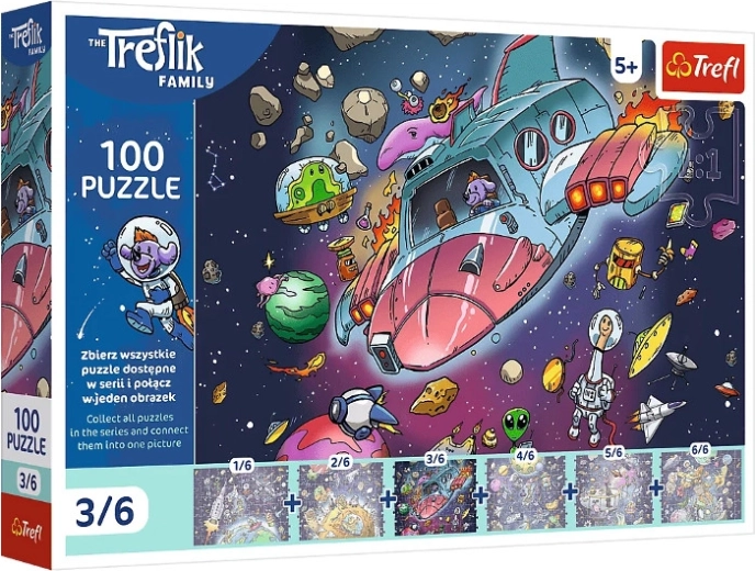 Puzzel Trefl Familie Trefliks in de ruimte: Gonduś in een raket – 100 stukjes