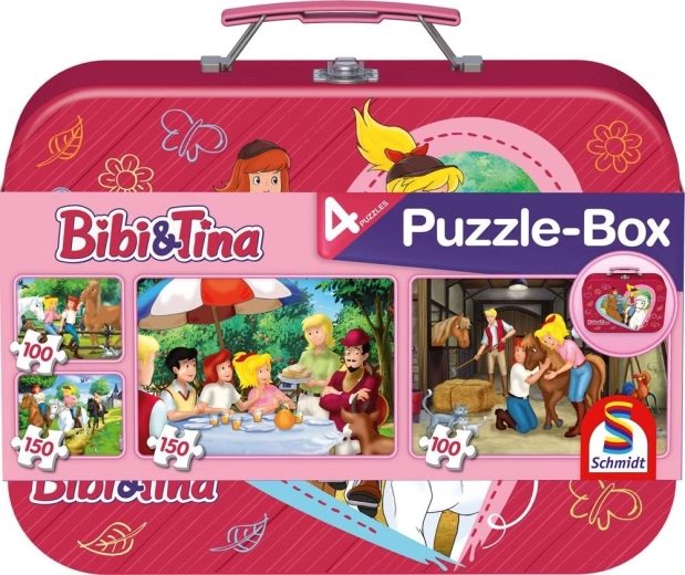 SCHMIDT puzzel Bibi en Tina 4-in-1 in een metalen koffertje (100, 100, 150, 150 stukjes)