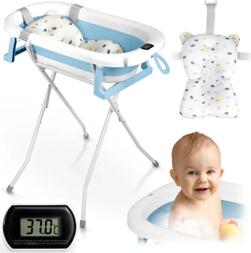 Opvouwbaar babybadje met standaard, thermometer en inleg – wit-blauw