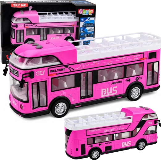 Roze dubbeldekker stadsbus voor kinderen met licht, geluid en openende deuren