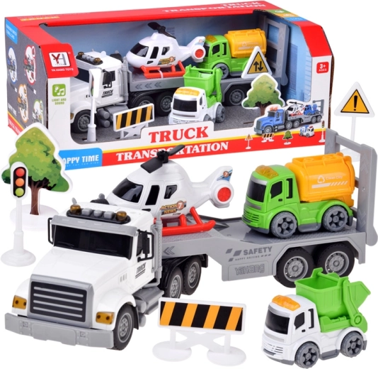Kindertransport-autotransporter met helikopter, kiepwagen, betonmixer en verkeersaccessoires