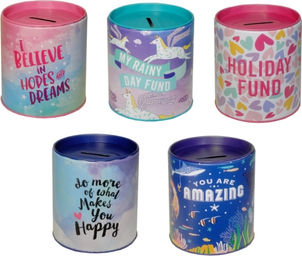 Metalen spaarpot met opschriften voor kinderen