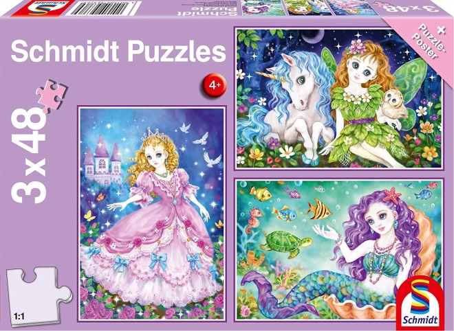 Puzzel SCHMIDT prinses, fee en zeemeermin 3×48 stukjes