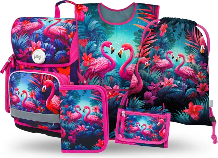 Školní set BAAGL Ergo Flamingo’s – boekentas, etui, gymtas, schort en portemonnee