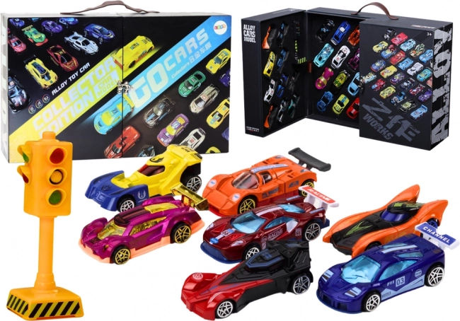 Raceauto’s in een koffertje met verkeerslichten