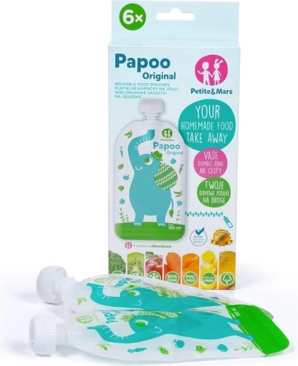 Petite&Mars herbruikbare knijpzakjes voor voeding Papoo Leeuw 150 ml, 6 stuks