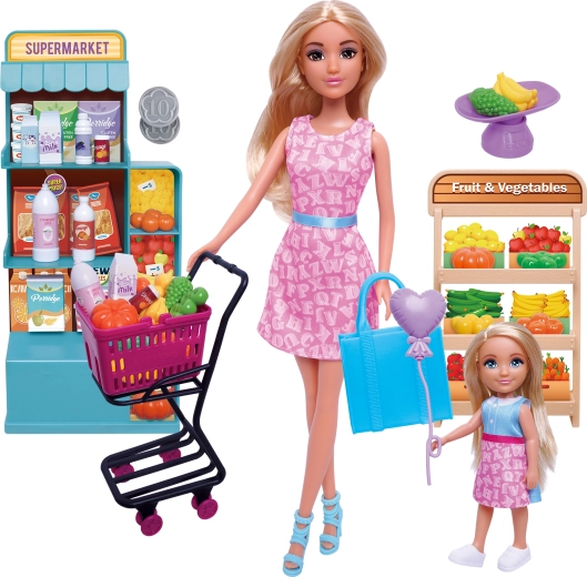 Poppenset met boodschappenwagentje voor de supermarkt