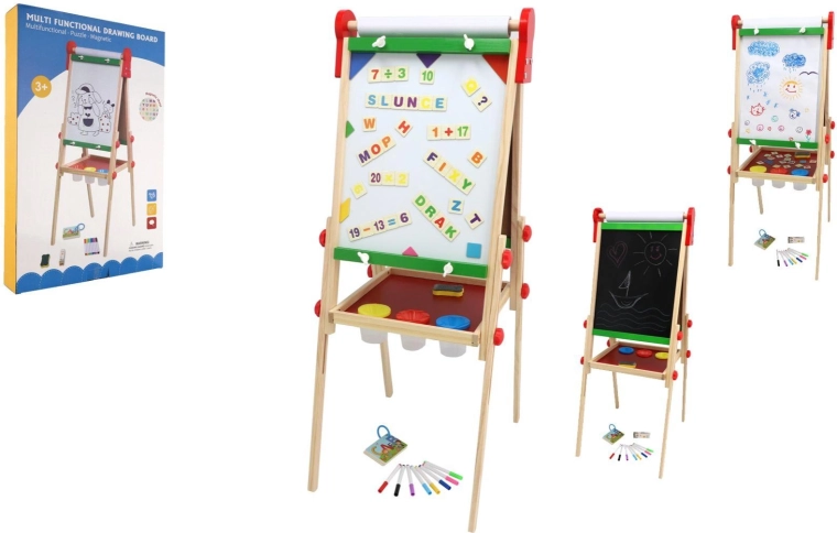 Dubbelzijdig magnetisch houten kinderborden met papierrol en accessoires 35 × 43 cm