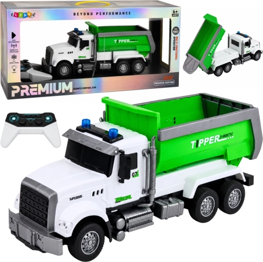 Groene RC kiepwagen op afstandsbediening 1:14 met beweegbare laadbak en verlichting - 1 stuk