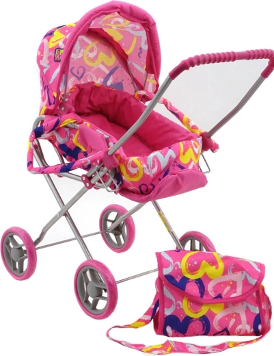 Adar poppenwagen 2-in-1 met uitneembare reiswieg en tas – hartjesmotief