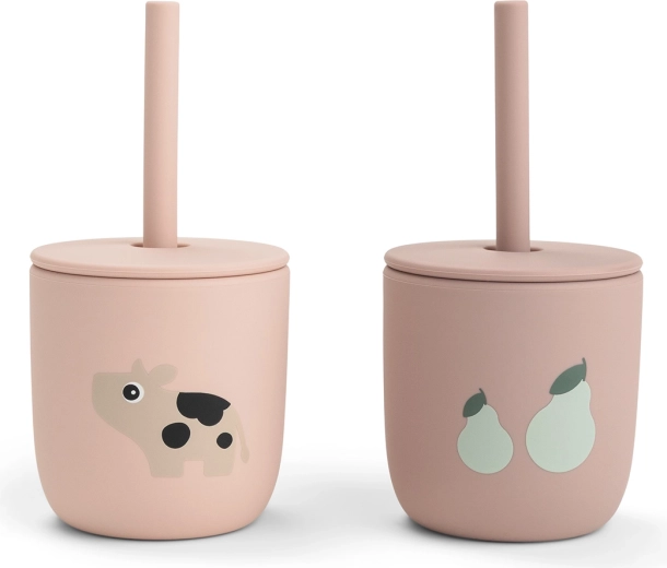 Done by Deer siliconen bekers met rietje Tiny farm, roze (2 stuks)