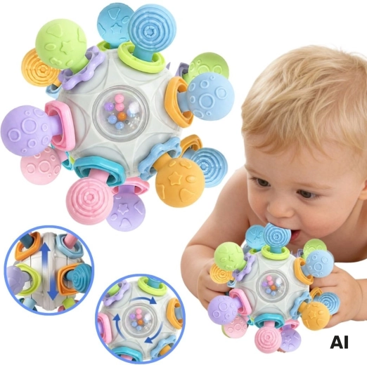 Woopie Baby sensorische bal 3-in-1 met bijtring en rammelaar 6m+ - 1 stuk