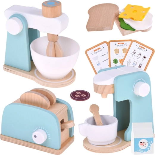 Jokomisiada houten set voor kinderkeukentje – broodrooster, koffiezetapparaat en mixer met accessoires