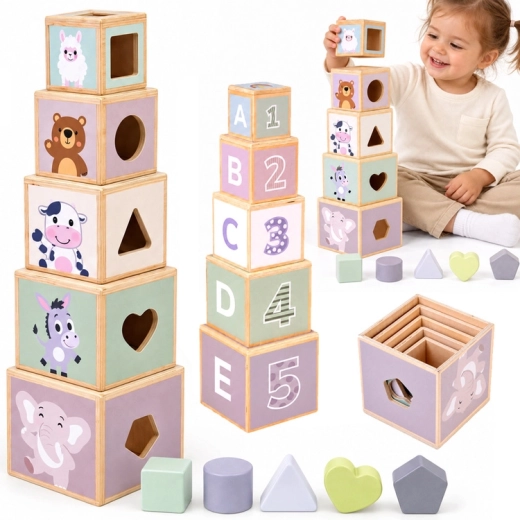 Houten educatieve piramide met vormensorteerder 2-in-1