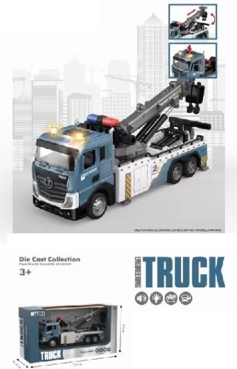 Metalen vrachtwagen met kraan en aanhanger met licht en geluid