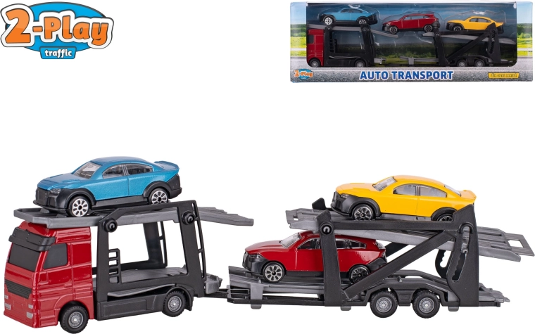 Autotransporter 1:60 met afneembare aanhanger en 3 autootjes