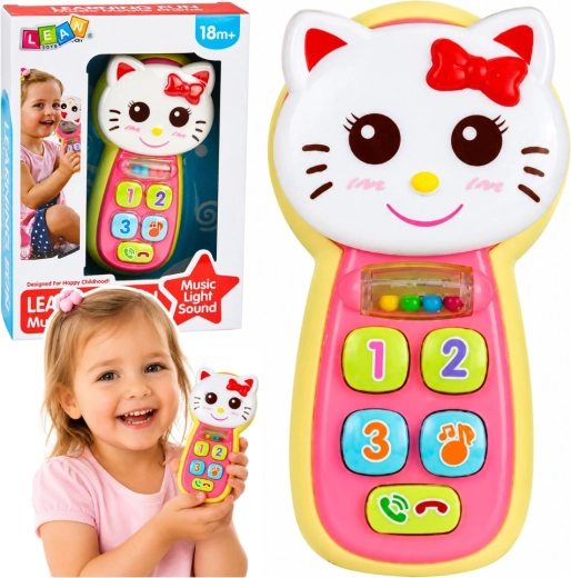 Interactieve kindertelefoon katje met lichtjes, geluiden, spiegeltje en rammelaar