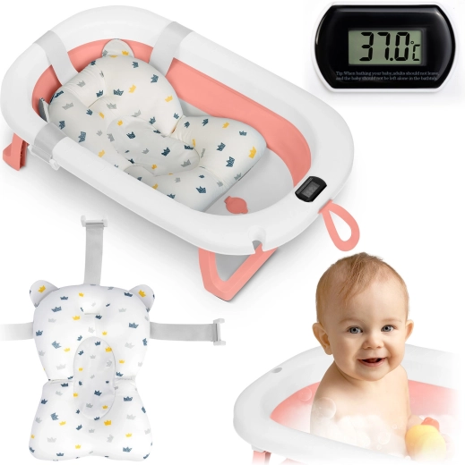 Opvouwbaar babybadje met thermometer en inzet, roze-wit