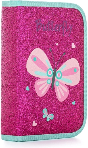 Enkeldekse schooletui met pailletteneffect, vlindermotief, 2 flappen