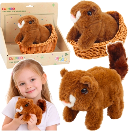 Interactieve pluchen eekhoorn in mandje – loopt en maakt geluiden, bruin